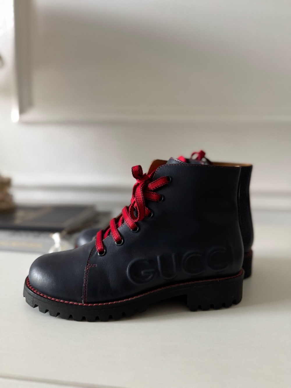 Gucci Black Leather Ankle Boots with Red Laces
